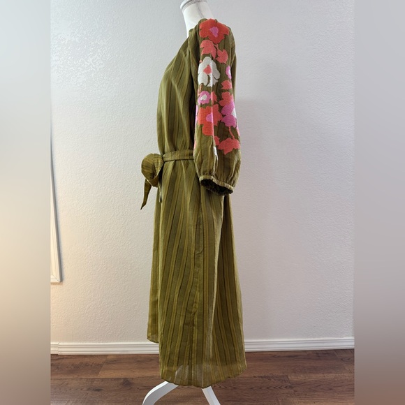 THML Olive Green Embroidered Striped Floral Maxi Dress L Ballon Sleeve. - Picture 4 of 15